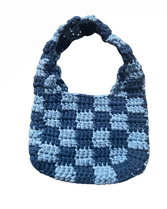Chess checkered bag BLAU (tshirt yarn)