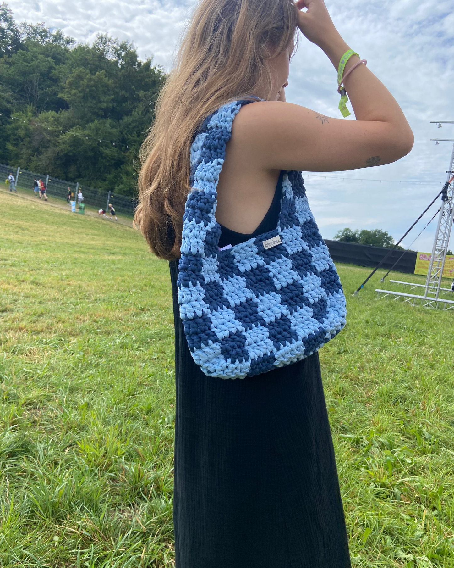 Chess checkered bag BLAU (tshirt yarn)