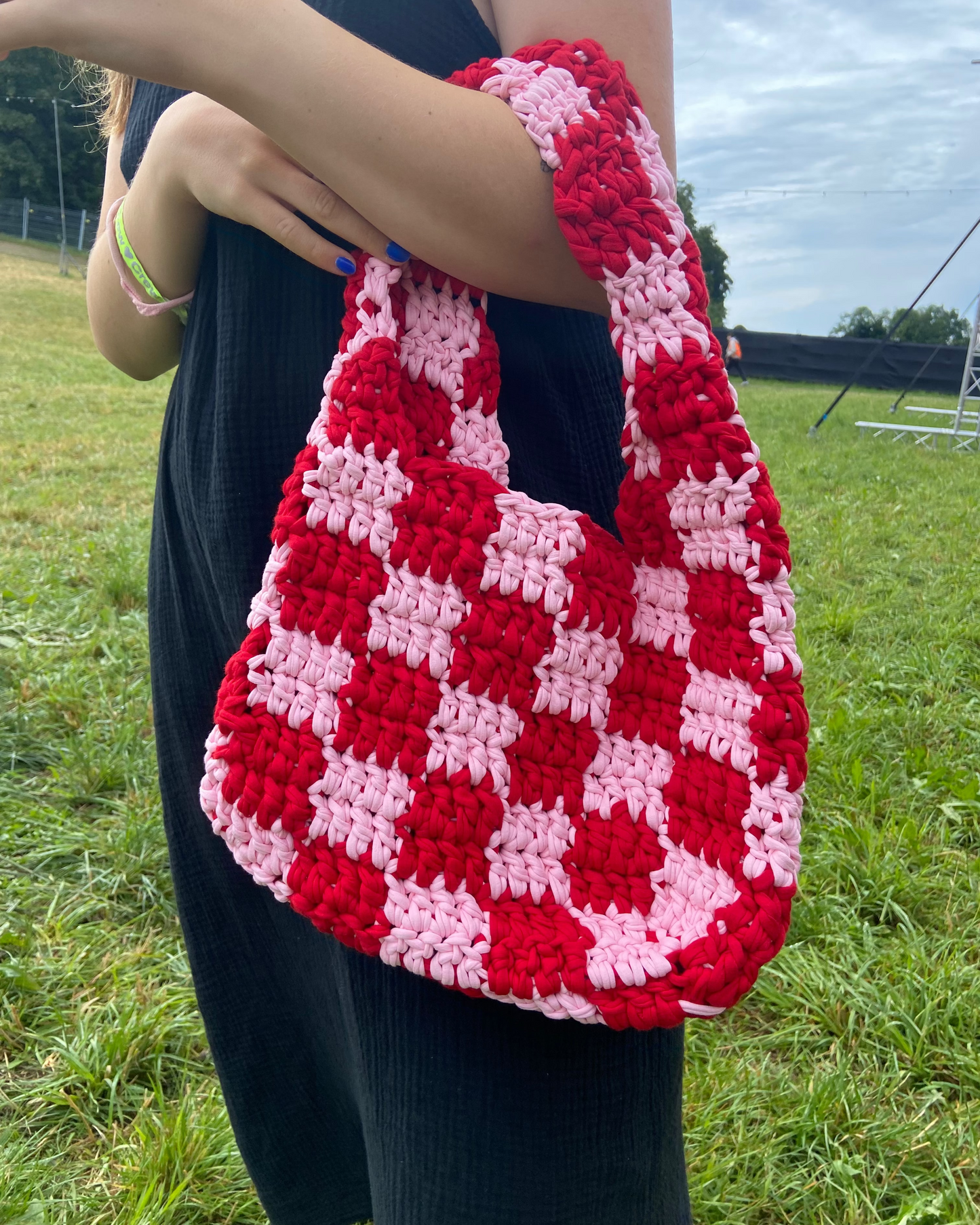 Chess checkered bag ROSA + ROT (tshirt yarn)